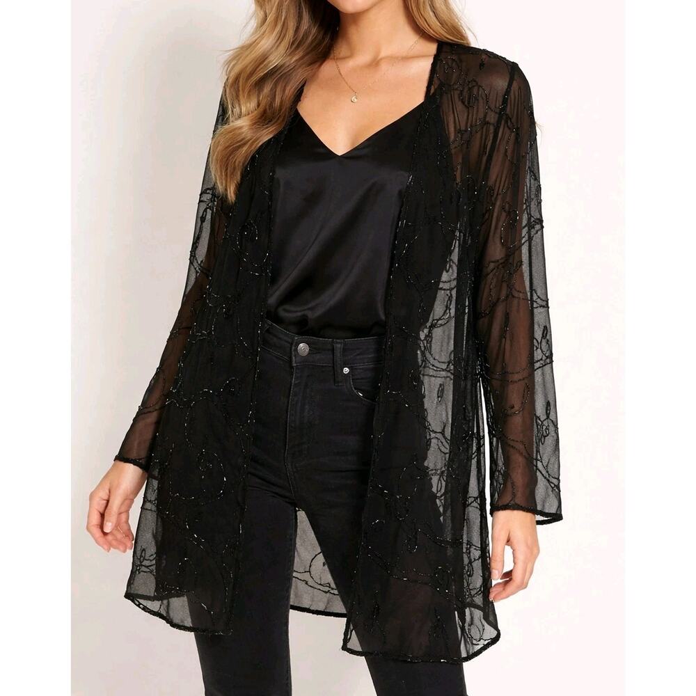 Sparkling Black Open Front Sheer Cardigan Sequin Embellished| Classy Glam Luxury